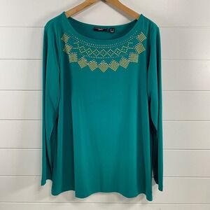Susan Graven Womens Artisan Beaded Liquid Knit Top L Teal Travel Comfy Classic